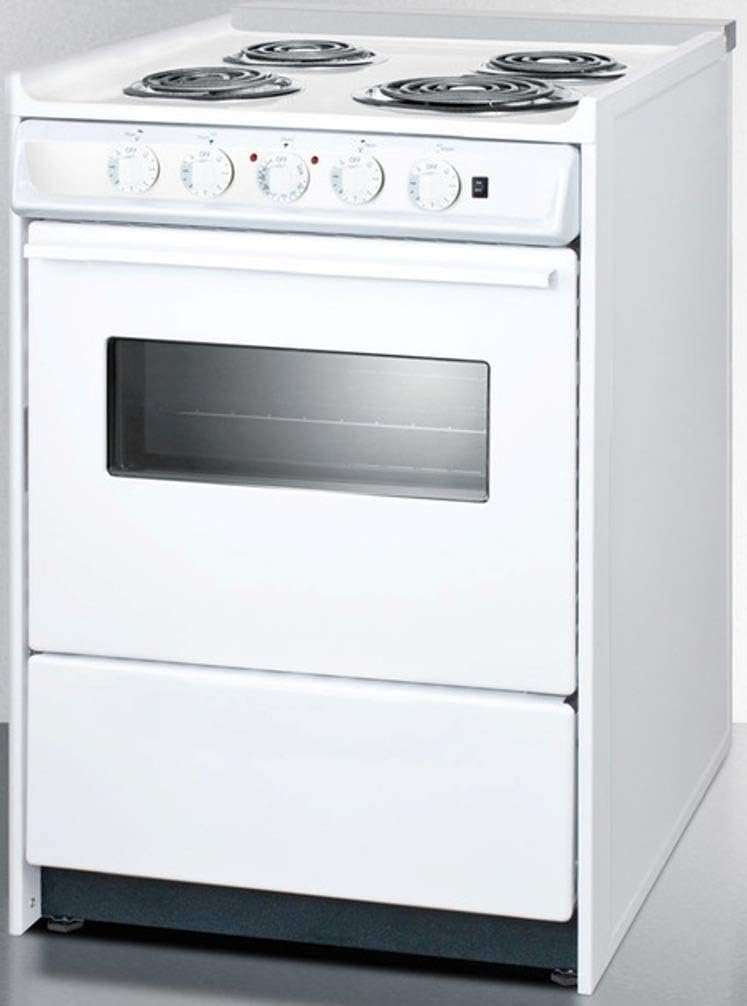 Summit WEM610RW 24 Slide-In Electric Range with 4 Elements Waist High Broil Oven Racks Chrome Drip Pans Indicator Lights and Push-To-Turn Burner Knobs in White