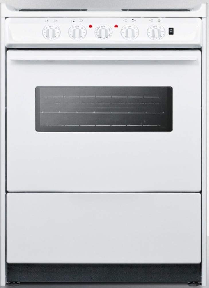 Summit WEM610RW 24 Slide-In Electric Range with 4 Elements Waist High Broil Oven Racks Chrome Drip Pans Indicator Lights and Push-To-Turn Burner Knobs in White