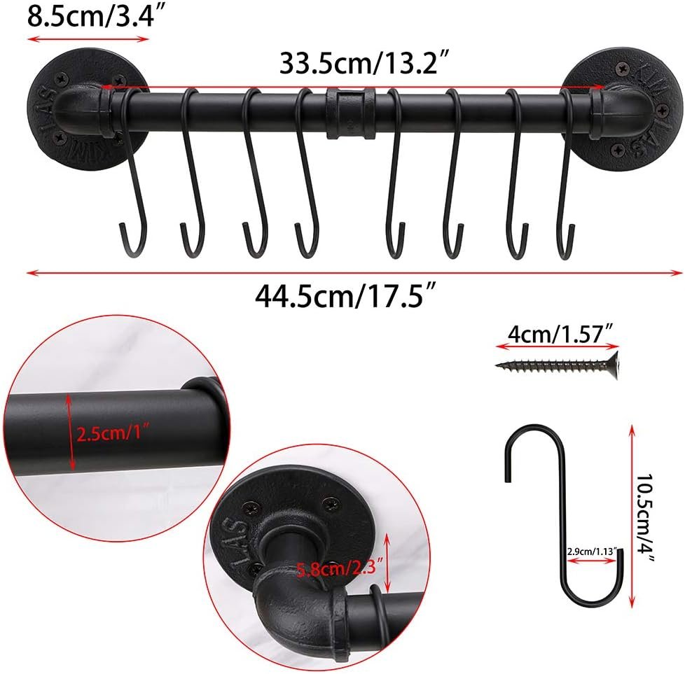 Sumnacon 16 Inch Industrial Pipe Pan Pot Rack with 8-Hooks, Wall Mounted Metal Rail Kitchen Utensil Pot Pan Lid Storage Organizer/Cookware Holder with Hardwares Sumnacon 16 Inch Industrial Pipe Pan Pot Rack with 8-Hooks, Wall Mounted Metal Rail Kitchen Utensil Pot Pan Lid Storage Organizer/Cookware Holder with Hardwares