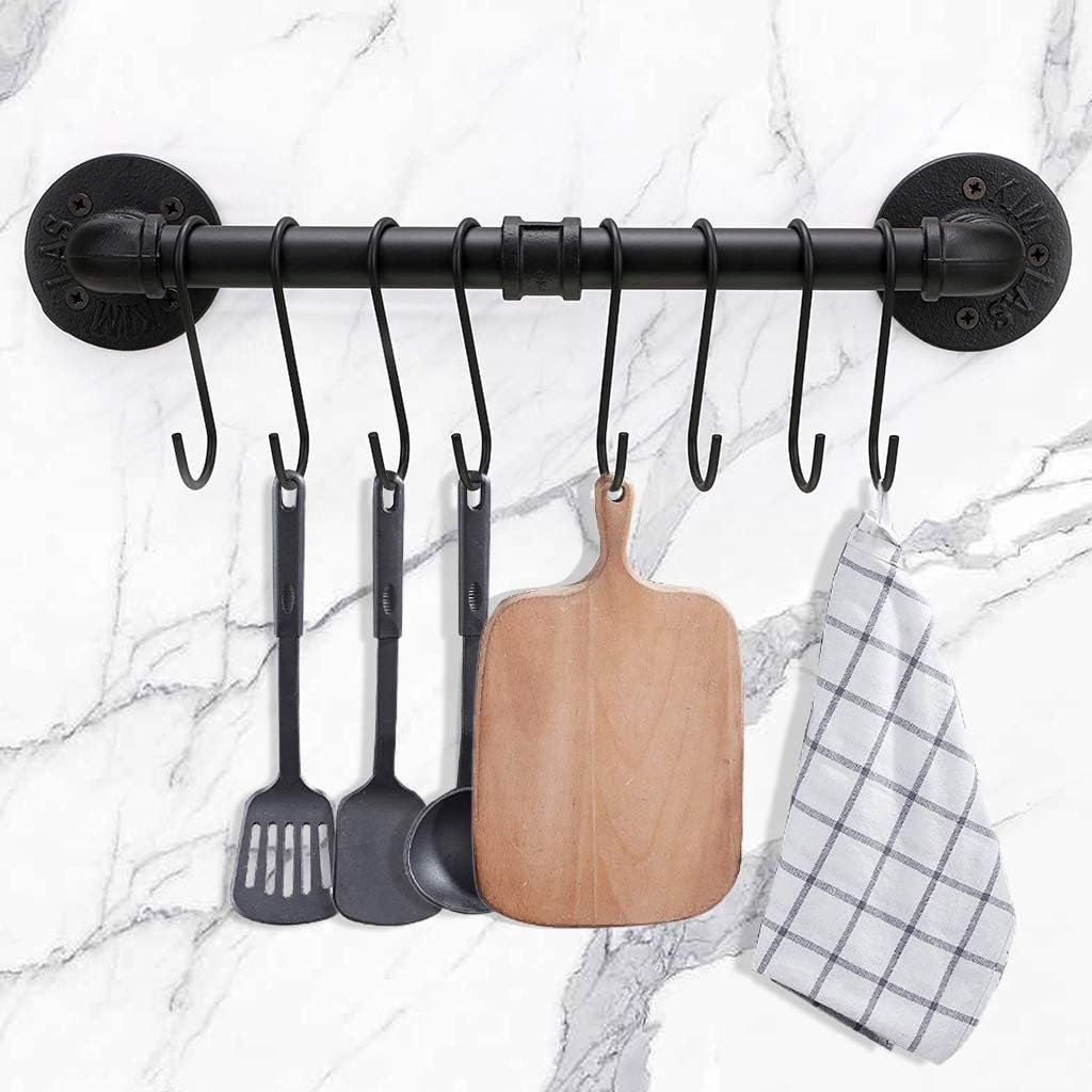 Sumnacon 16 Inch Industrial Pipe Pan Pot Rack with 8-Hooks, Wall Mounted Metal Rail Kitchen Utensil Pot Pan Lid Storage Organizer/Cookware Holder with Hardwares Sumnacon 16 Inch Industrial Pipe Pan Pot Rack with 8-Hooks, Wall Mounted Metal Rail Kitchen Utensil Pot Pan Lid Storage Organizer/Cookware Holder with Hardwares