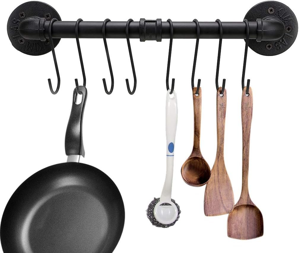 Sumnacon 16 Inch Industrial Pipe Pan Pot Rack with 8-Hooks, Wall Mounted Metal Rail Kitchen Utensil Pot Pan Lid Storage Organizer/Cookware Holder with Hardwares Sumnacon 16 Inch Industrial Pipe Pan Pot Rack with 8-Hooks, Wall Mounted Metal Rail Kitchen Utensil Pot Pan Lid Storage Organizer/Cookware Holder with Hardwares