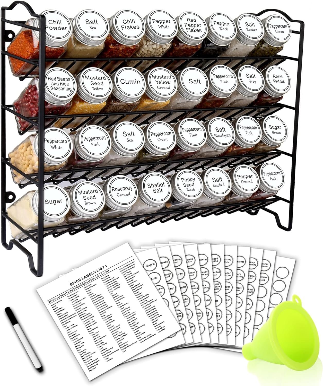 SWOMMOLY Spice Rack Organizer with 32 Empty Square Glass Spice Jars, 386 White Spice Labels with Chalk Marker and Funnel Complete Set, Seasoning Organizer for Countertop, Cabinet or Wall Mount SWOMMOLY Spice Rack Organizer with 32 Empty Square Glass Spice Jars, 386 White Spice Labels with Chalk Marker and Funnel Complete Set, Seasoning Organizer for Countertop, Cabinet or Wall Mount