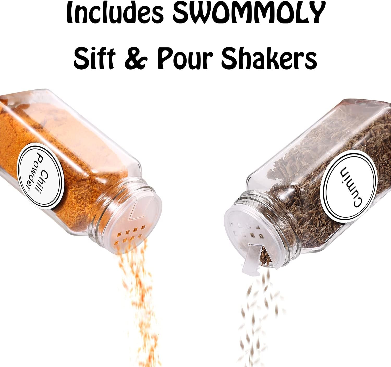 SWOMMOLY Spice Rack Organizer with 32 Empty Square Glass Spice Jars, 386 White Spice Labels with Chalk Marker and Funnel Complete Set, Seasoning Organizer for Countertop, Cabinet or Wall Mount SWOMMOLY Spice Rack Organizer with 32 Empty Square Glass Spice Jars, 386 White Spice Labels with Chalk Marker and Funnel Complete Set, Seasoning Organizer for Countertop, Cabinet or Wall Mount