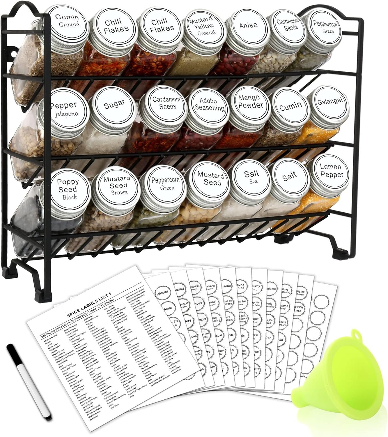 SWOMMOLY Spice Rack Organizer with 32 Empty Square Glass Spice Jars, 386 White Spice Labels with Chalk Marker and Funnel Complete Set, Seasoning Organizer for Countertop, Cabinet or Wall Mount SWOMMOLY Spice Rack Organizer with 32 Empty Square Glass Spice Jars, 386 White Spice Labels with Chalk Marker and Funnel Complete Set, Seasoning Organizer for Countertop, Cabinet or Wall Mount
