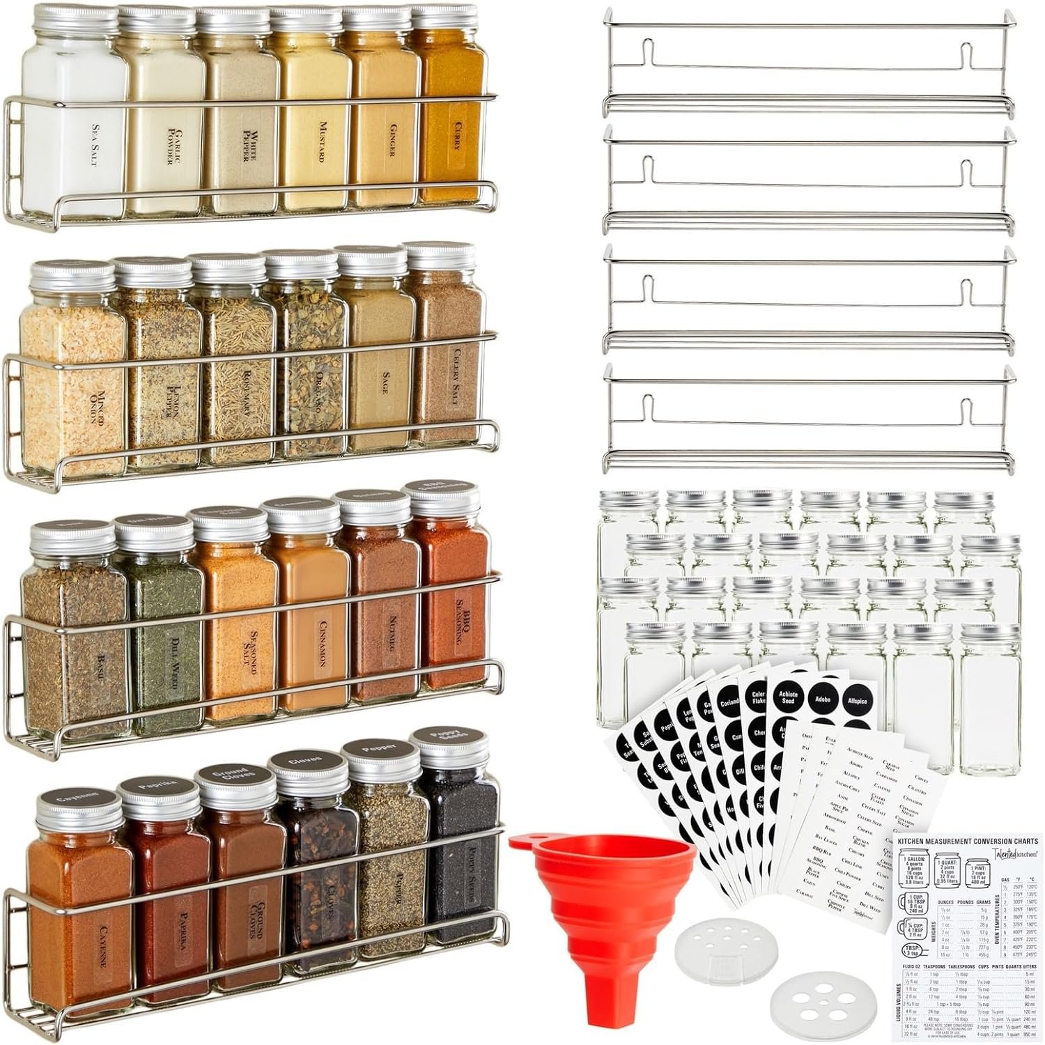 Talented Kitchen 4 Stainless Steel Spice Racks Wall Mount Organizer for Wall and Cabinet Door with 24 Pcs 4oz Glass Spice Jars, 269 Preprinted Seasoning Labels (2 Styles)