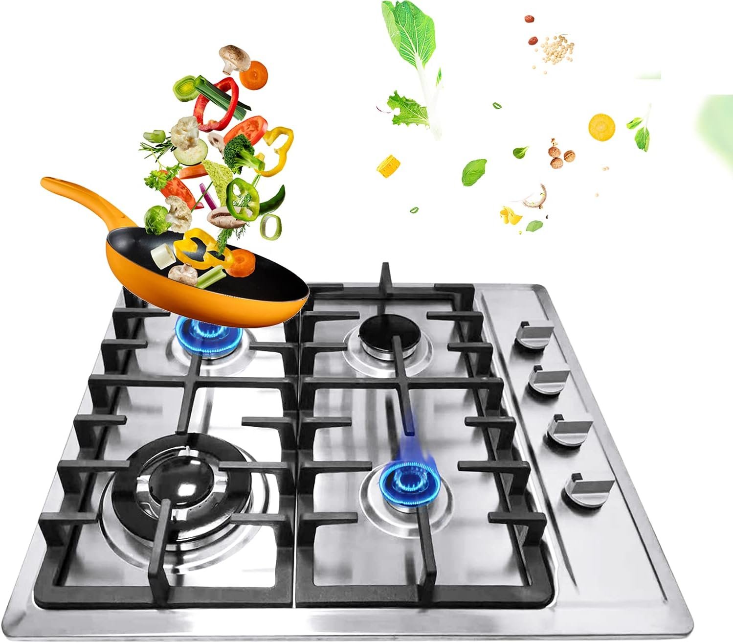 TBVECHI Gas Cooktop, 23 Inch 4 Burners Built-in LPG/NG Stove Tempered Glass Surface Cooker (590x510mm) (US Stock)