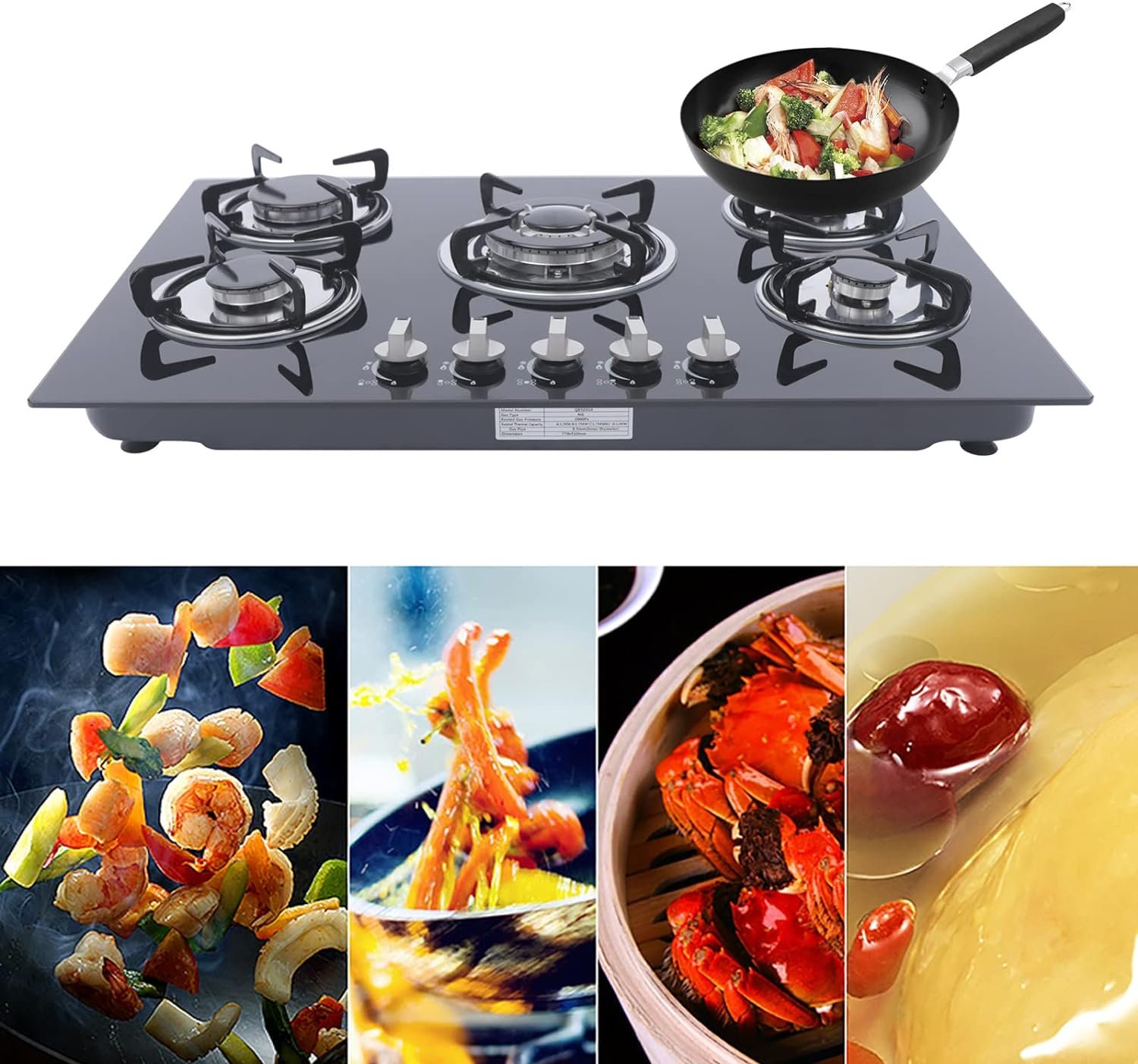 TBVECHI Gas Cooktop, 23 Inch 4 Burners Built-in LPG/NG Stove Tempered Glass Surface Cooker (590x510mm) (US Stock)