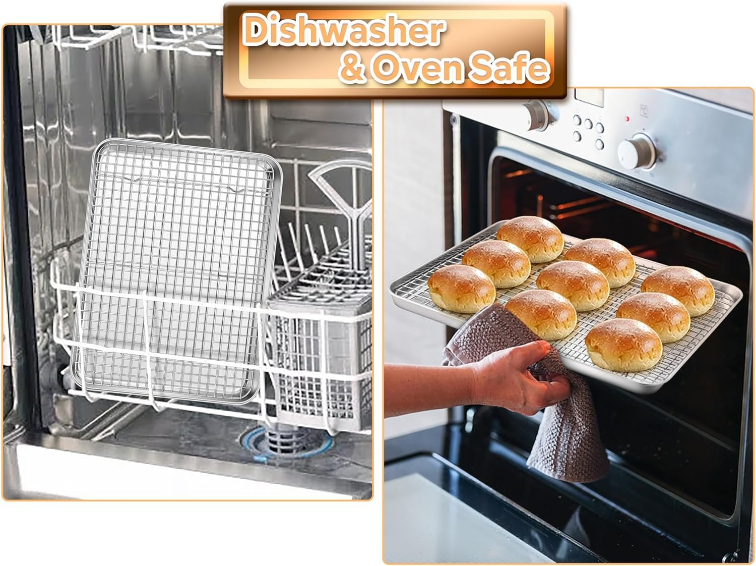 TeamFar Baking Sheet with Rack, 16 x 12 x 1 Inch Stainless Steel Cookie Baking Pan Tray with Grid Rack for Baking Roasting Cooling, Healthy  Heavy-Duty, Oven  Dishwasher Safe