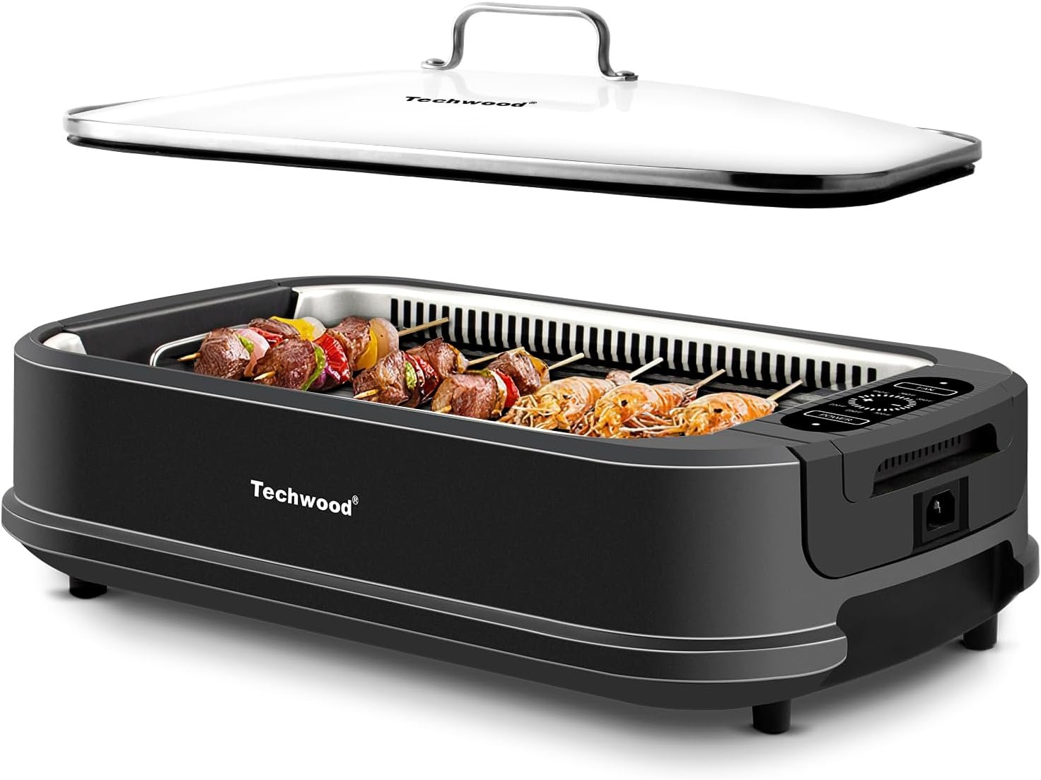 Techwood Indoor Smokeless Grill 1500W Electric Grill with Tempered Glass Lid, Compact Portable Non-Stick BBQ Grill with Turbo Smoke Extractor Technology, LED Smart Control Panel, Black Techwood Indoor Smokeless Grill 1500W Electric Grill with Tempered Glass Lid, Compact Portable Non-Stick BBQ Grill with Turbo Smoke Extractor Technology, LED Smart Control Panel, Black