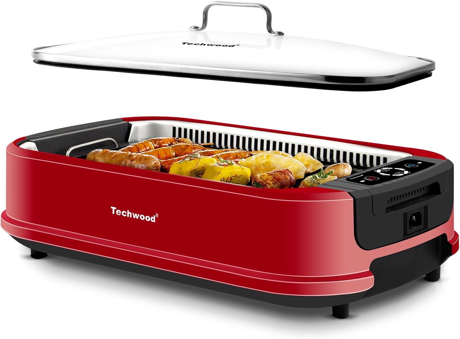 Techwood Indoor Smokeless Grill 1500W Electric Grill with Tempered Glass Lid, Compact Portable Non-Stick BBQ Grill with Turbo Smoke Extractor Technology, LED Smart Control Panel, Red Techwood Indoor Smokeless Grill 1500W Electric Grill with Tempered Glass Lid, Compact Portable Non-Stick BBQ Grill with Turbo Smoke Extractor Technology, LED Smart Control Panel, Red