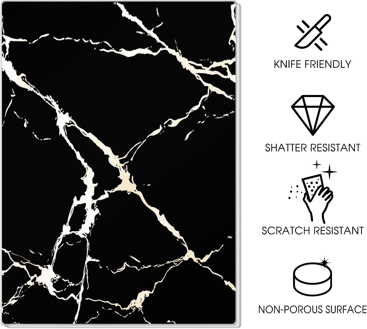 Tempered Glass Cutting Board for Kitchen 12 x 16, Marble Pattern Cutting Board, Chopping Board with Rubber Feet, Heat Resistant, Shatter Resistant, Dishwasher Safe, Black