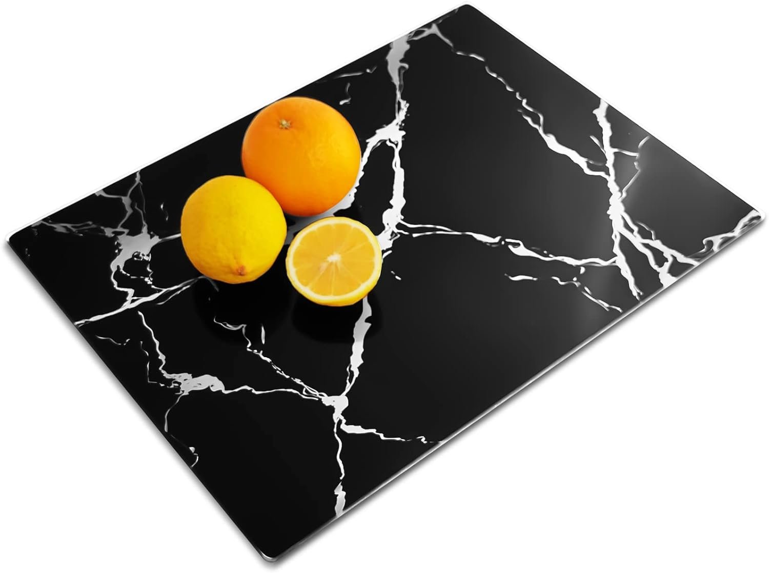 Tempered Glass Cutting Board for Kitchen 12 x 16, Marble Pattern Cutting Board, Chopping Board with Rubber Feet, Heat Resistant, Shatter Resistant, Dishwasher Safe, Black