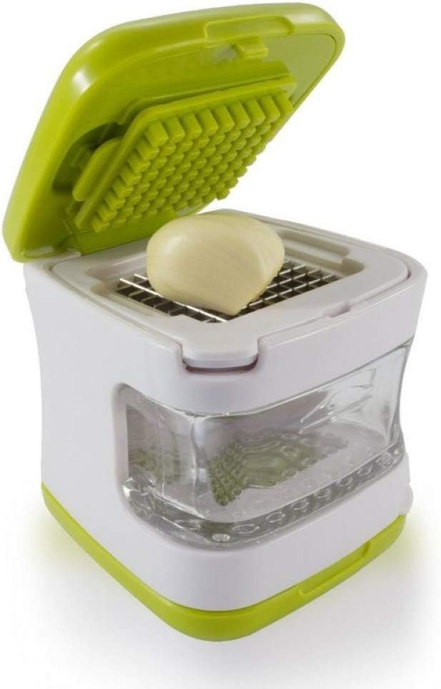 The Garlic Cube Garlic Press, Dices, Crushes, Minces, and Storage Container - Includes Silicone Garlic Peeler - Easy to Clean - Stainless Steel Blades