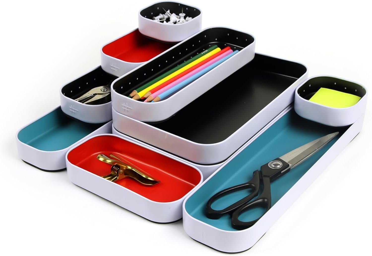 Three by Three Seattle 5 Piece Shallow Metal Organizer Tray Set for Storing Makeup, Stationery, Utensils, and More in Office Desk, Kitchen and Bathroom Drawers (1 Inch, Assorted Colors)