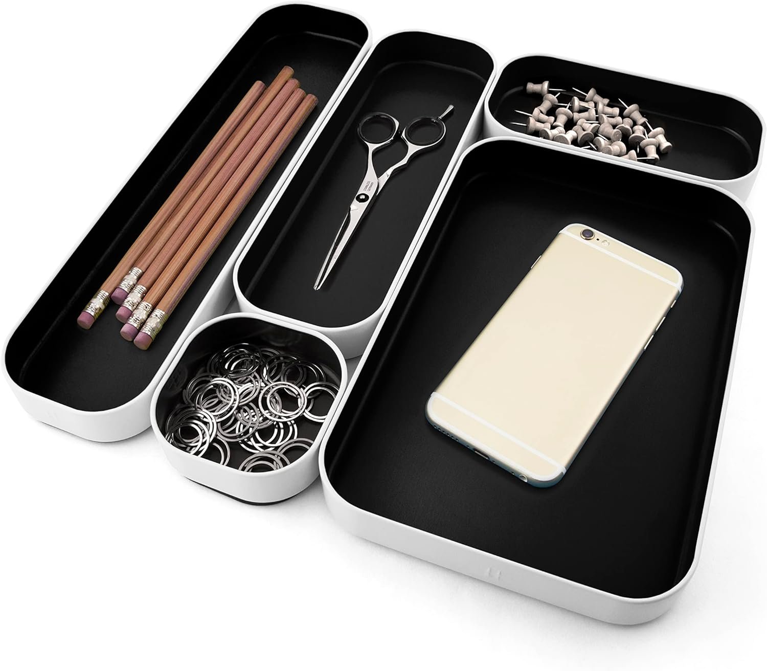 Three by Three Seattle 5 Piece Shallow Metal Organizer Tray Set for Storing Makeup, Stationery, Utensils, and More in Office Desk, Kitchen and Bathroom Drawers (1 Inch, Assorted Colors)