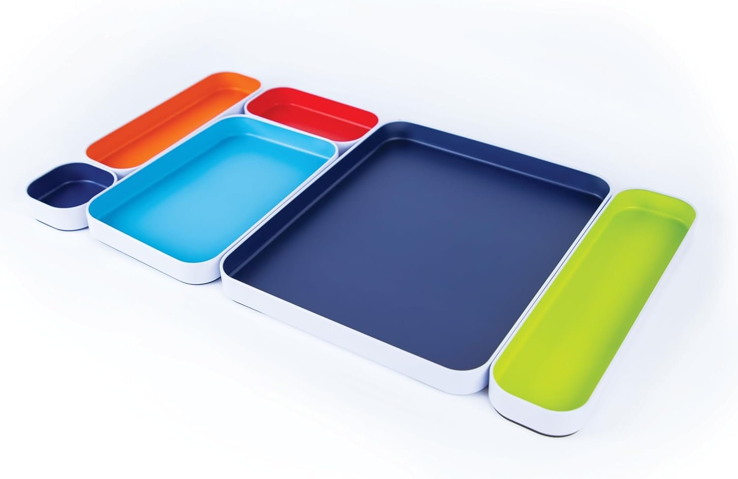 Three by Three Seattle 5 Piece Shallow Metal Organizer Tray Set for Storing Makeup, Stationery, Utensils, and More in Office Desk, Kitchen and Bathroom Drawers (1 Inch, Assorted Colors)