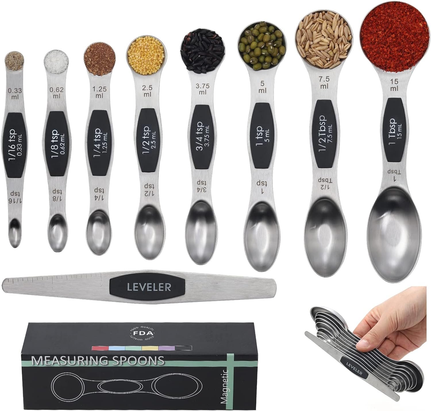 Tibroni Magnetic Measuring Spoons Set, 9 Pieces Stainless Steel 18/8 Teaspoon Measuring Spoons Set Stackable Fits in Spice Jars or Liquid