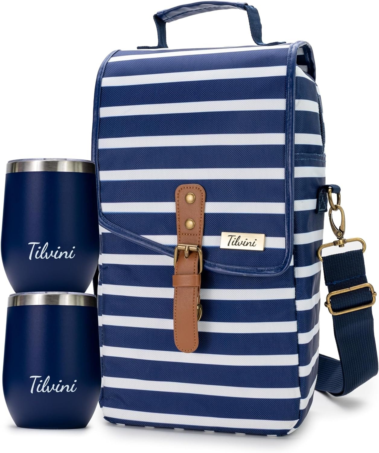 Tilvini Insulated Wine Tote Bag With 2 Stainless Wine Glasses. 2 Bottle Wine Bag For Boating Travel. Wine Cooler Bag For Beach. Portable Wine Carrier  Tumblers For Picnic. Outdoor Wine Lovers Gifts