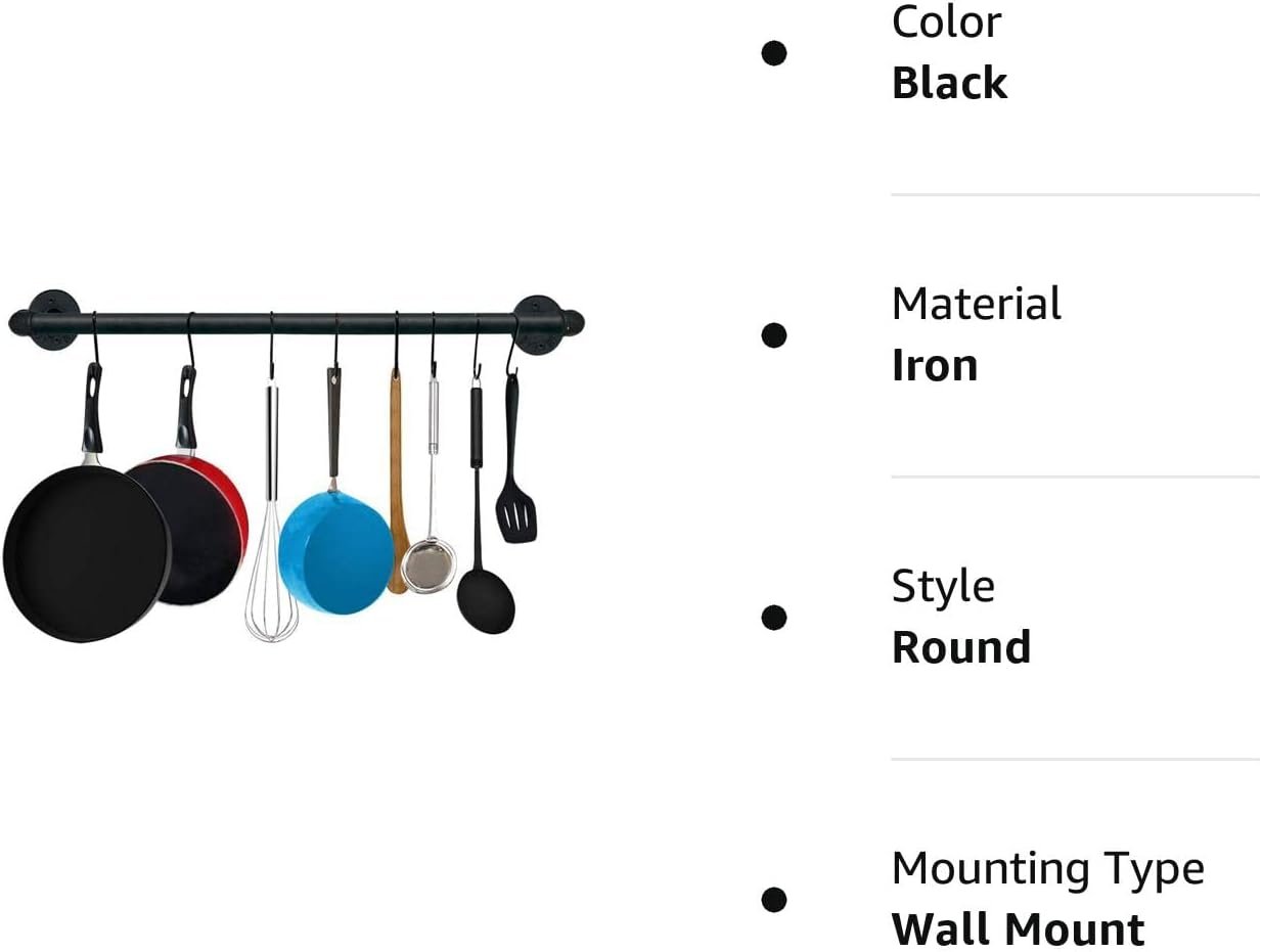TLBTEK 20 inch Industrial Pipe Clothes Rack,Black Iron Bathroom Kitchen Towel Bar,Vintage Farmhouse DIY Wall Mounted Pot Bar Rack, Detachable Kitchen Utensils Hanger with 8 pcs S Hooks