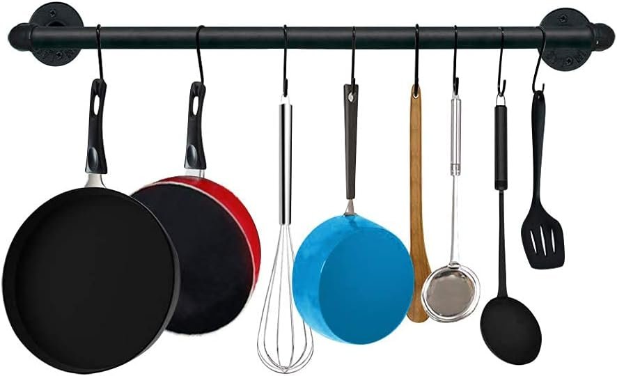 TLBTEK 20 inch Industrial Pipe Clothes Rack,Black Iron Bathroom Kitchen Towel Bar,Vintage Farmhouse DIY Wall Mounted Pot Bar Rack, Detachable Kitchen Utensils Hanger with 8 pcs S Hooks