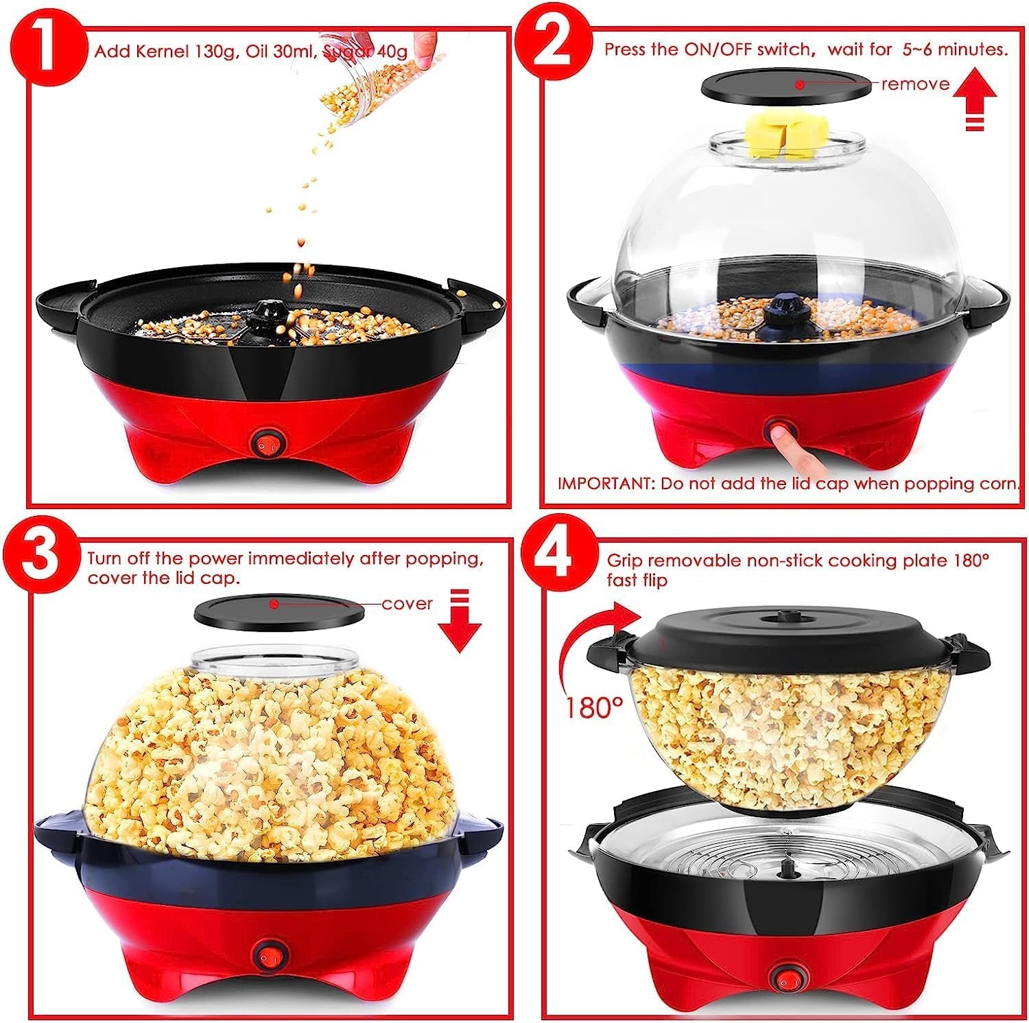 TLGREEN 6 Quart Popcorn Machine, Stir Crazy Popcorn Popper Machine, Electric Hot Oil Popcorn Maker Machine, with Nonstick Plate Stirring Rod, Large Lid for Serving Bowl and Two Measuring Cups TLGREEN 6 Quart Popcorn Machine, Stir Crazy Popcorn Popper Machine, Electric Hot Oil Popcorn Maker Machine, with Nonstick Plate Stirring Rod, Large Lid for Serving Bowl and Two Measuring Cups