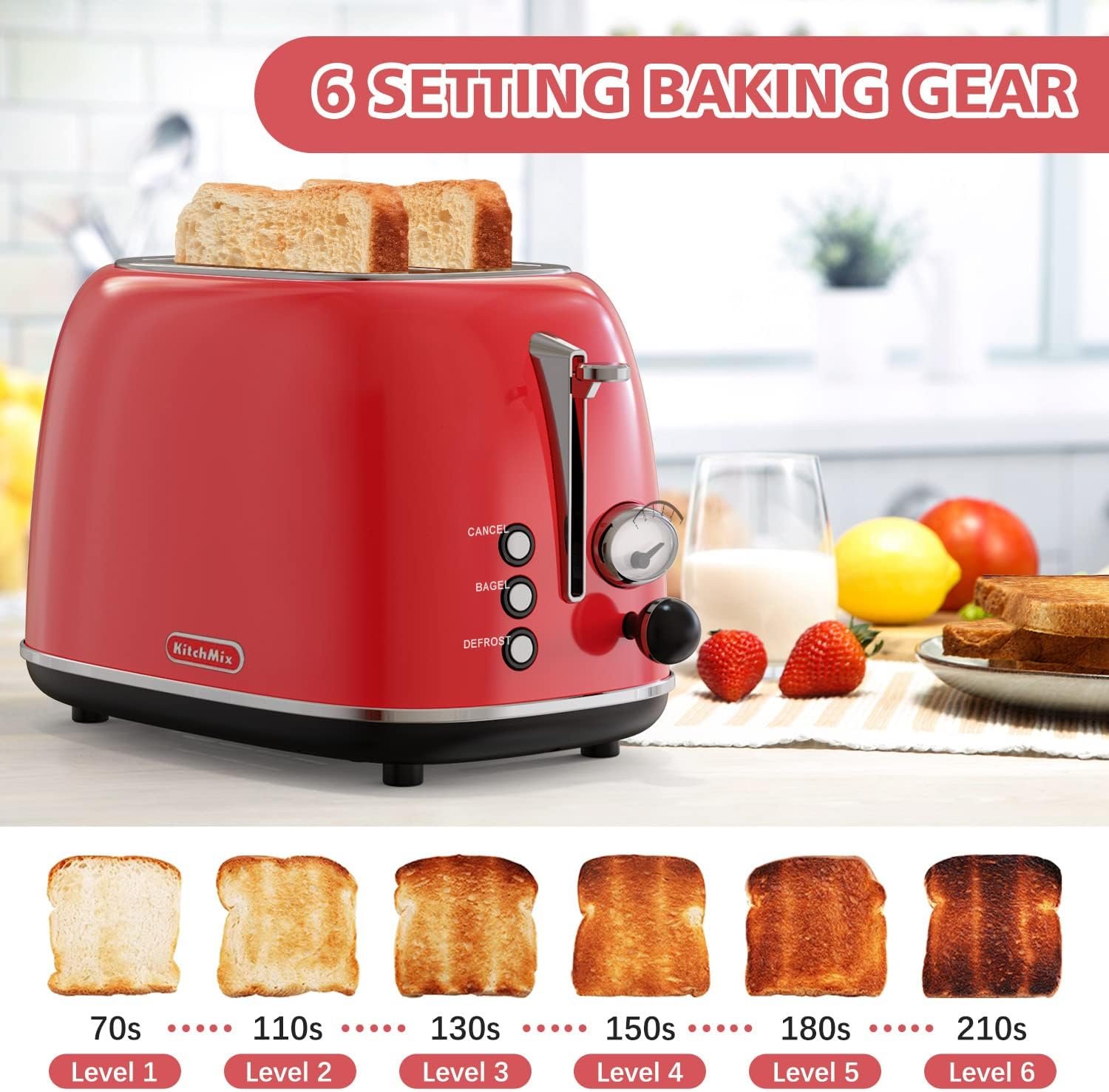 Toaster 2 slice,Retro Stainless Steel Toaster with 6 Settings, 1.5 In Extra Wide Slots, Bagel/Defrost/Cancel Function, Removable Crumb Tray (Baby pink)