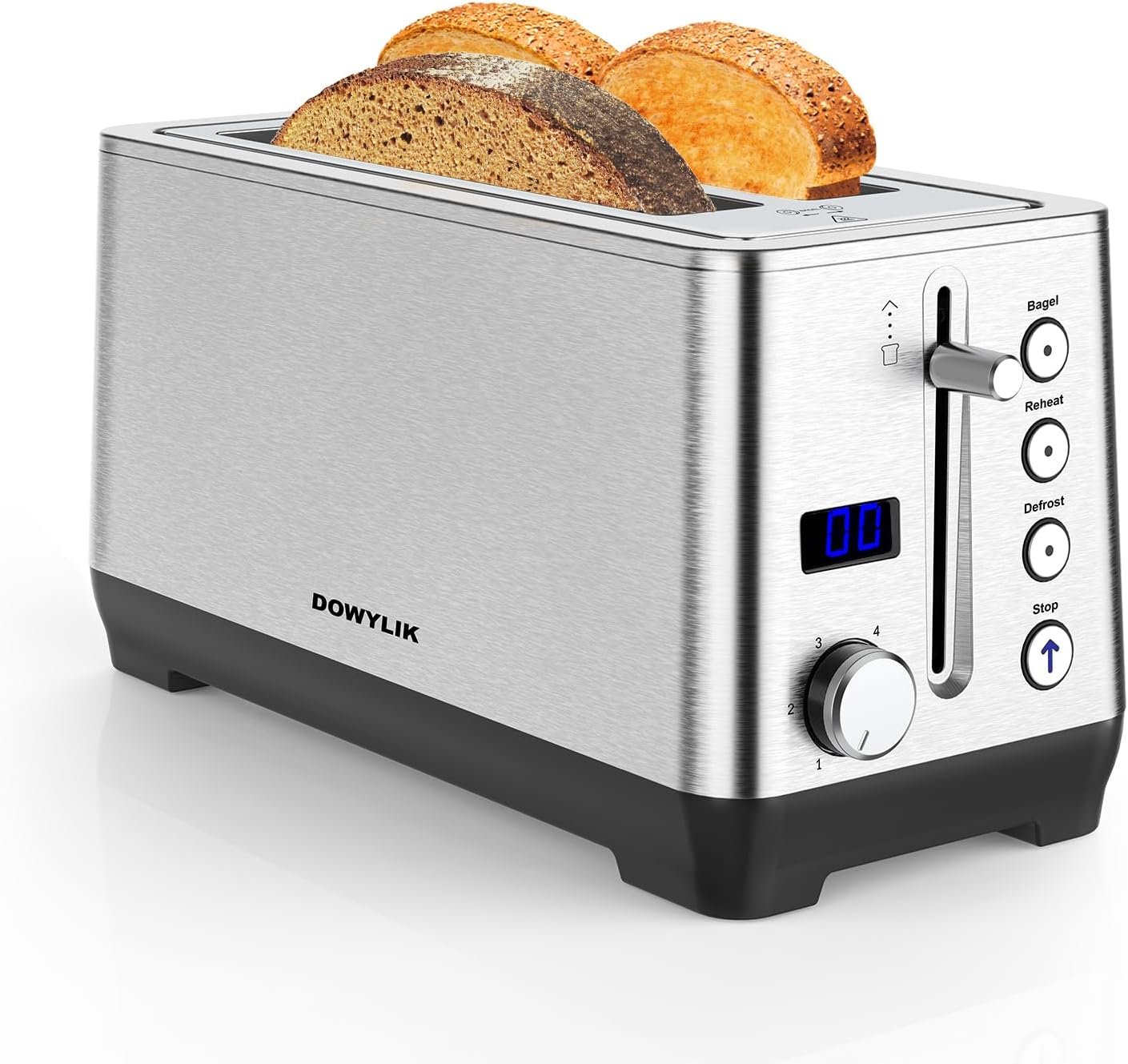 Toaster 4 Slice, Extra-Wide Long Slot 4 Slice Toaster with Countdown Timer, Bagel/Reheat/Defrost/Cancel Functions, 6 Browning Setting, 1500W Brushed Stainless Steel with Removable Crumb Tray