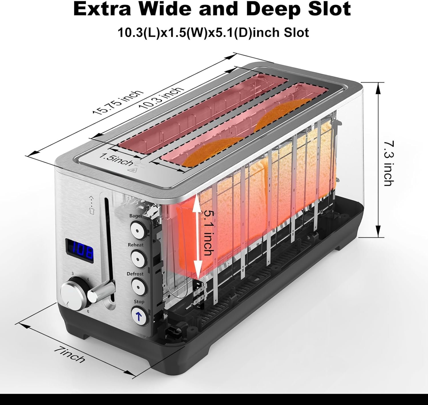 Toaster 4 Slice, Extra-Wide Long Slot 4 Slice Toaster with Countdown Timer, Bagel/Reheat/Defrost/Cancel Functions, 6 Browning Setting, 1500W Brushed Stainless Steel with Removable Crumb Tray