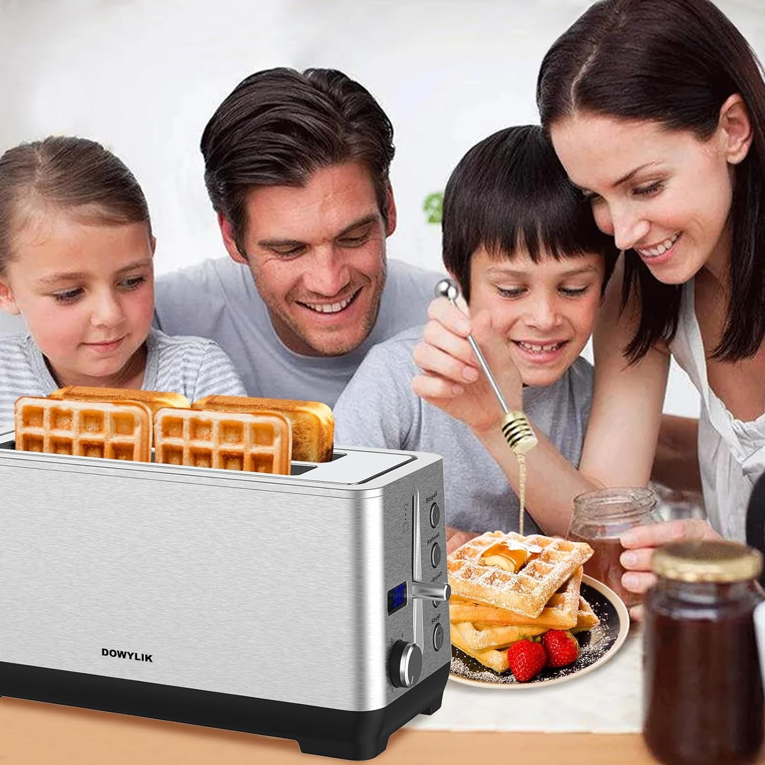 Toaster 4 Slice, Extra-Wide Long Slot 4 Slice Toaster with Countdown Timer, Bagel/Reheat/Defrost/Cancel Functions, 6 Browning Setting, 1500W Brushed Stainless Steel with Removable Crumb Tray
