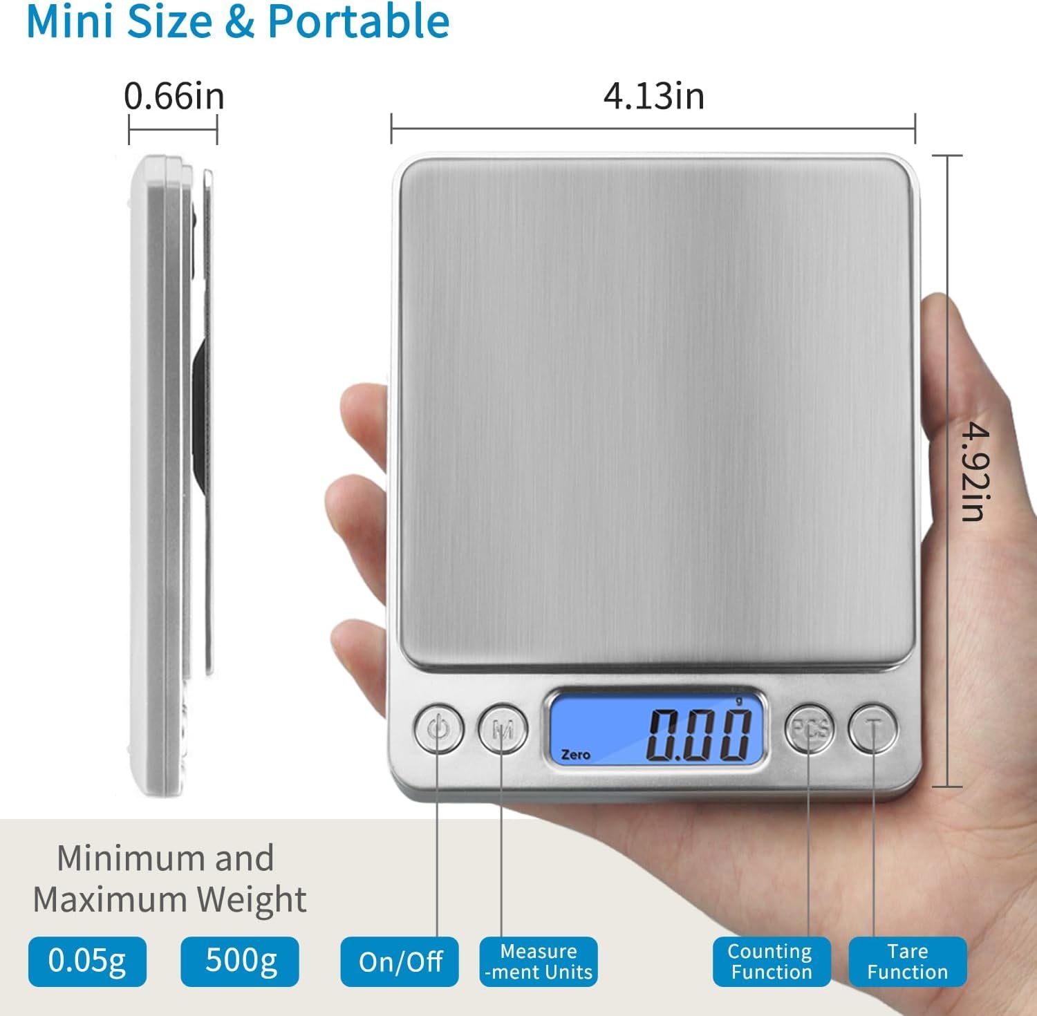 Toprime Digital Gram Scale 500g 0.01g Food Scale High Precision Kitchen Scale Multifunctional Stainless Steel Pocket Scale with Back-Lit LCD Display Tare PCS Features Silver