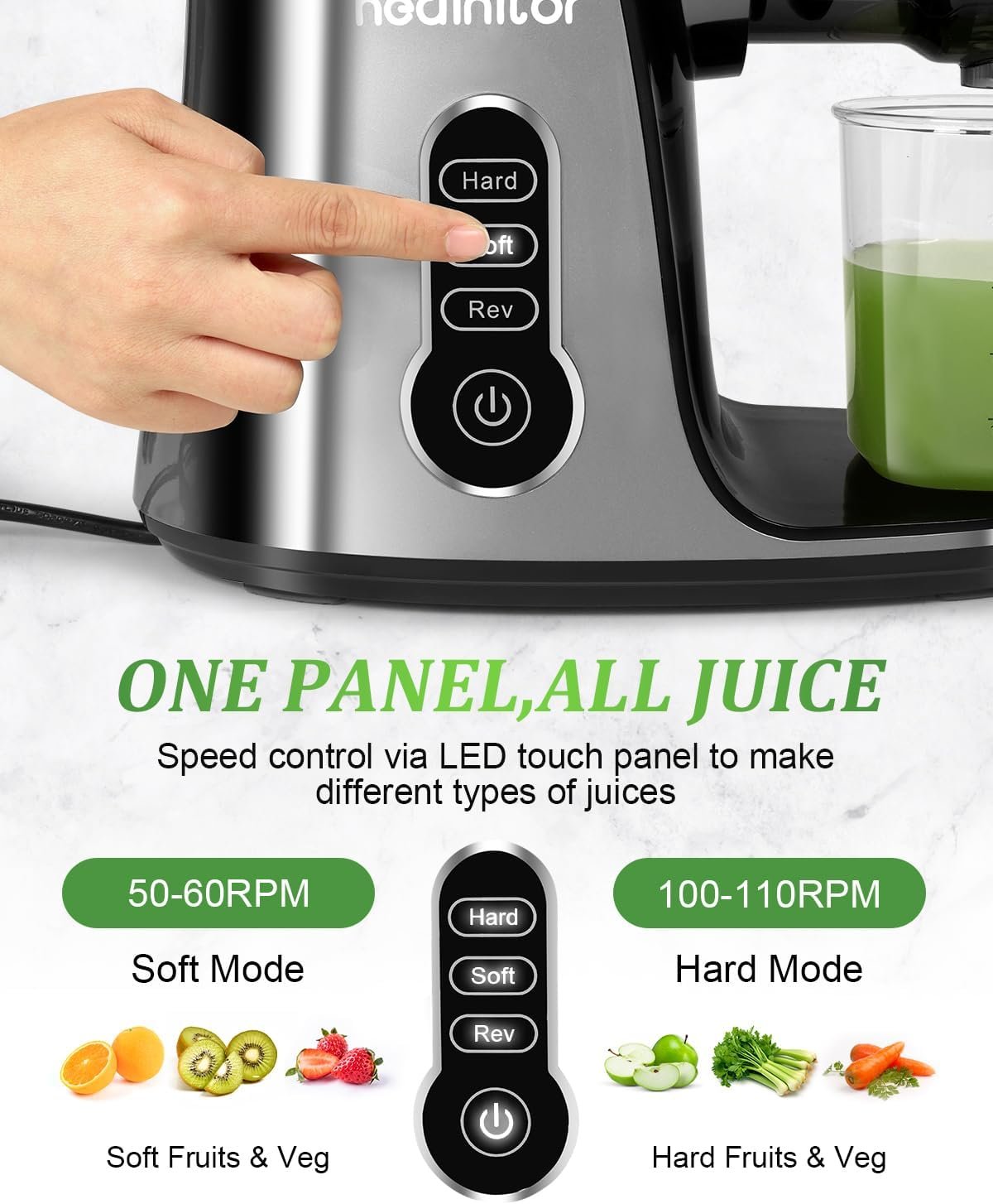 Touch LED Display Masticating Juicer Machines Vegetable and Fruit, Healnitor Cold Press Slow Juice Extractor Machines with Triple Mode, Easy to Clean Brush Quiet Motor, 500ML Travel Bottle, Black Touch LED Display Masticating Juicer Machines Vegetable and Fruit, Healnitor Cold Press Slow Juice Extractor Machines with Triple Mode, Easy to Clean Brush Quiet Motor, 500ML Travel Bottle, Black