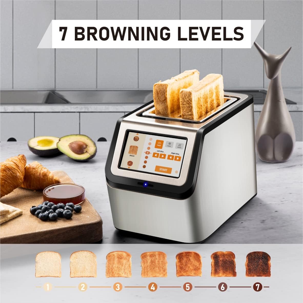 Touch Screen Toaster 2 Slice, KETIAN Bagel English Muffins Toast Pastry Waffles Grain Sweet Bread Toaster, Extra Wide Slots Single Slot Toasting Automatic Lifting, 1400w