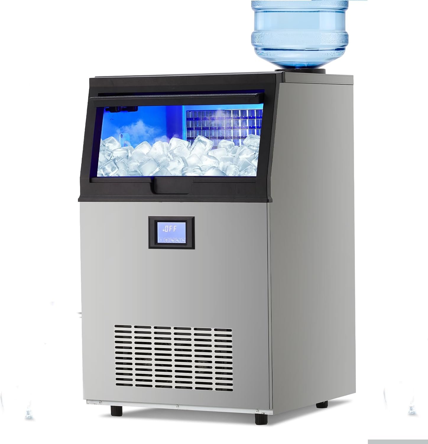 Towallmark Commercial Ice Maker Machine, 100Lbs/24H Ice Maker with 2 Water Inlet Modes, 50Pcs/Cycle, 33lbs Storage Bin, Stainless Steel Under Counter Ice Machine for Home Bar, Coffee Shop, Business