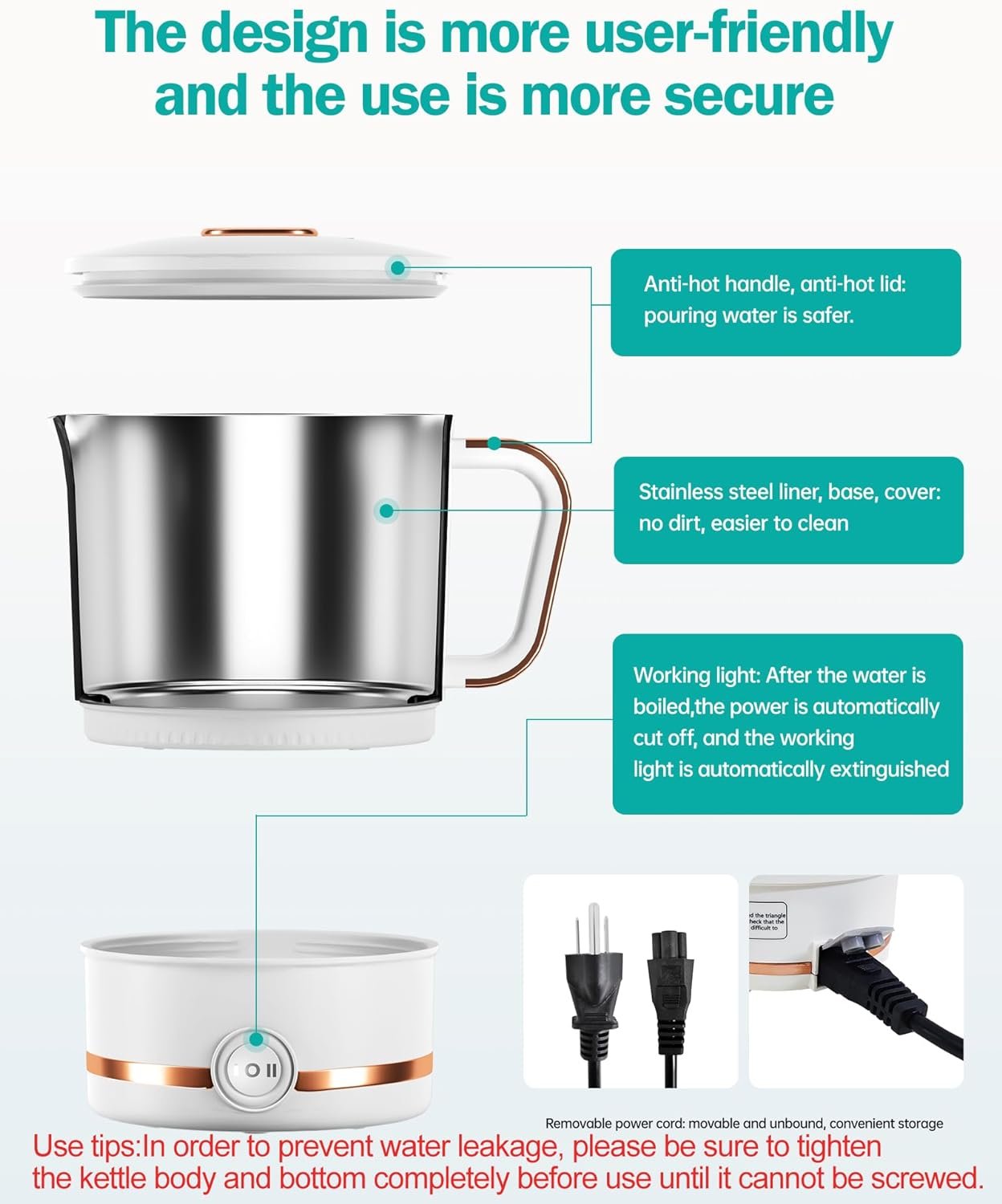 Travel Foldable Electric Kettle,800ML Collapsible Stainless Steel Kettle,Portable Electric Kettle for Home and Out Use(110V US Plug,White).