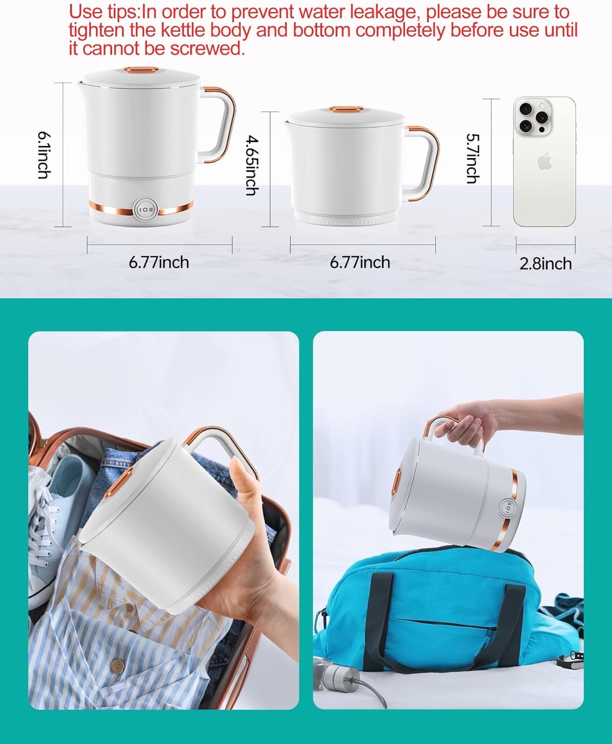 Travel Foldable Electric Kettle,800ML Collapsible Stainless Steel Kettle,Portable Electric Kettle for Home and Out Use(110V US Plug,White).