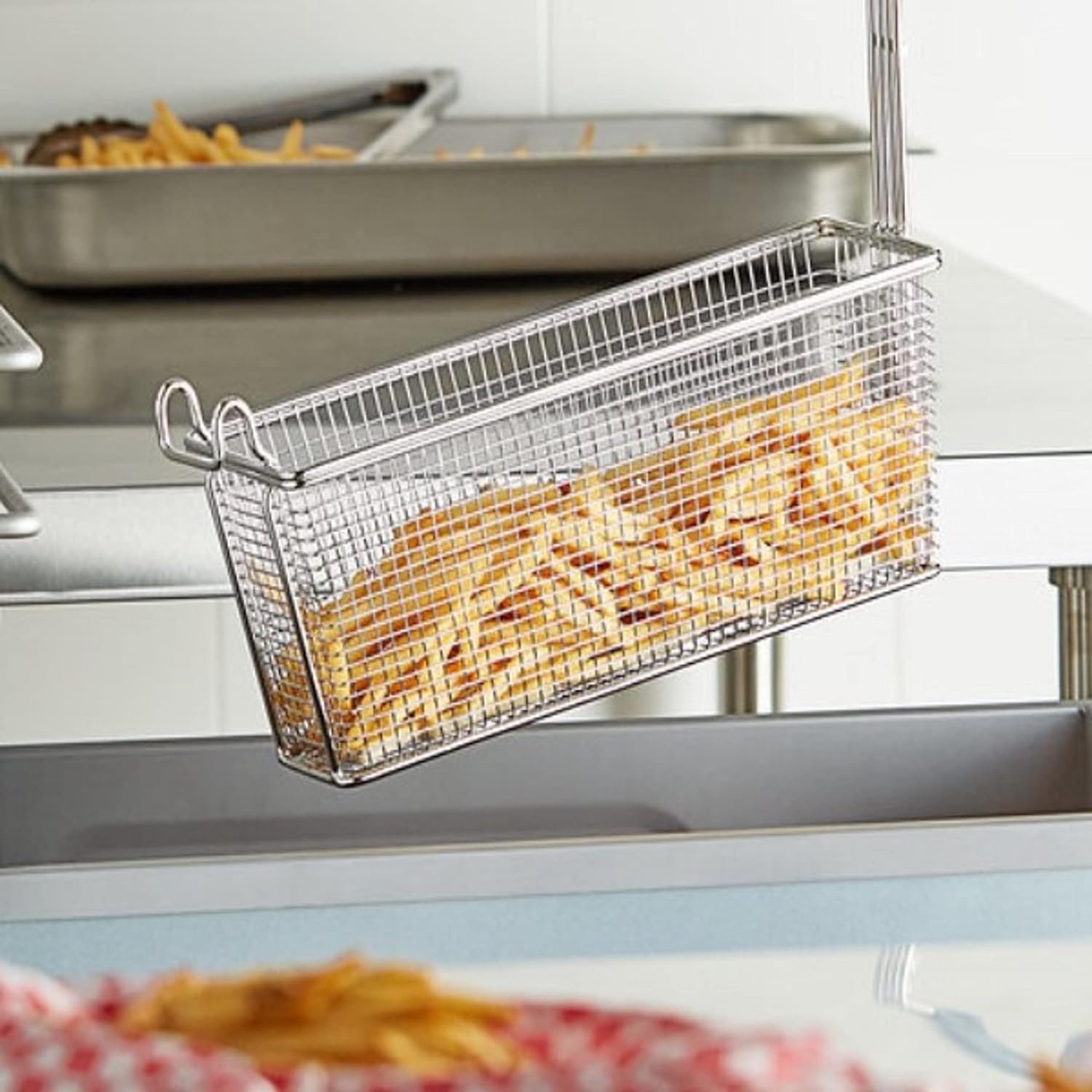 TrueCraftware-17 x 8 x 5-3/4 Rectangular Deep Fry Basket with Hook Heavy Duty Nickel Plated Iron with Yellow Coated Handle - for Home and Restaurant Kitchen Frying Chips Fish Sausages