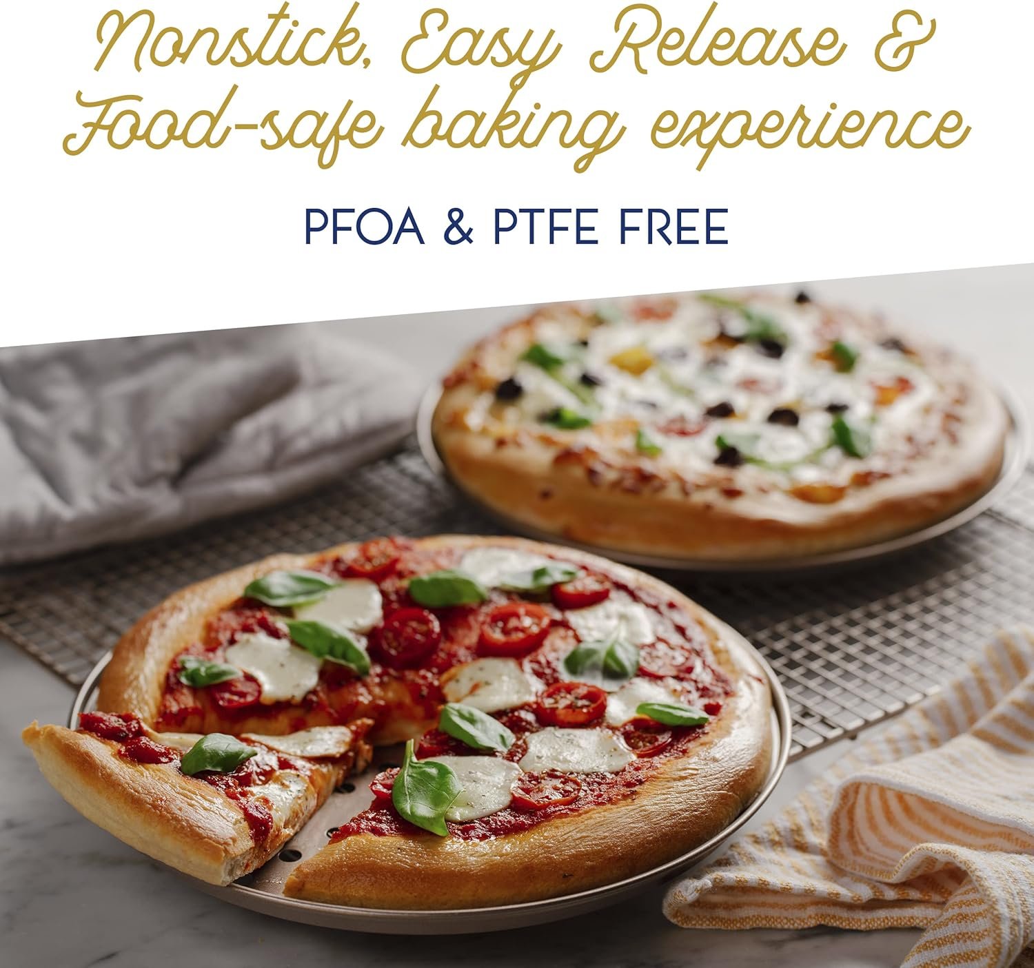 Ultra Cuisine Large Round Carbon Steel Perforated Pizza Pan with Holes, Nonstick, 13in, Champagne