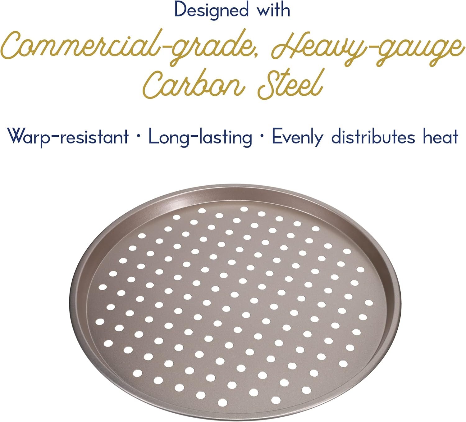 Ultra Cuisine Large Round Carbon Steel Perforated Pizza Pan with Holes, Nonstick, 13in, Champagne