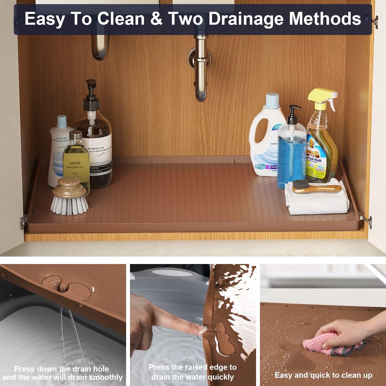 Under Sink Mat - 34 x 22 Waterproof Kitchen Cabinet Mat - Flexible Silicone Under Sink Liner with Drain Hole - Kitchen Bathroom Cabinet Mat and Protector for Drips Leaks Spills (Black) Under Sink Mat - 34 x 22 Waterproof Kitchen Cabinet Mat - Flexible Silicone Under Sink Liner with Drain Hole - Kitchen Bathroom Cabinet Mat and Protector for Drips Leaks Spills (Black)