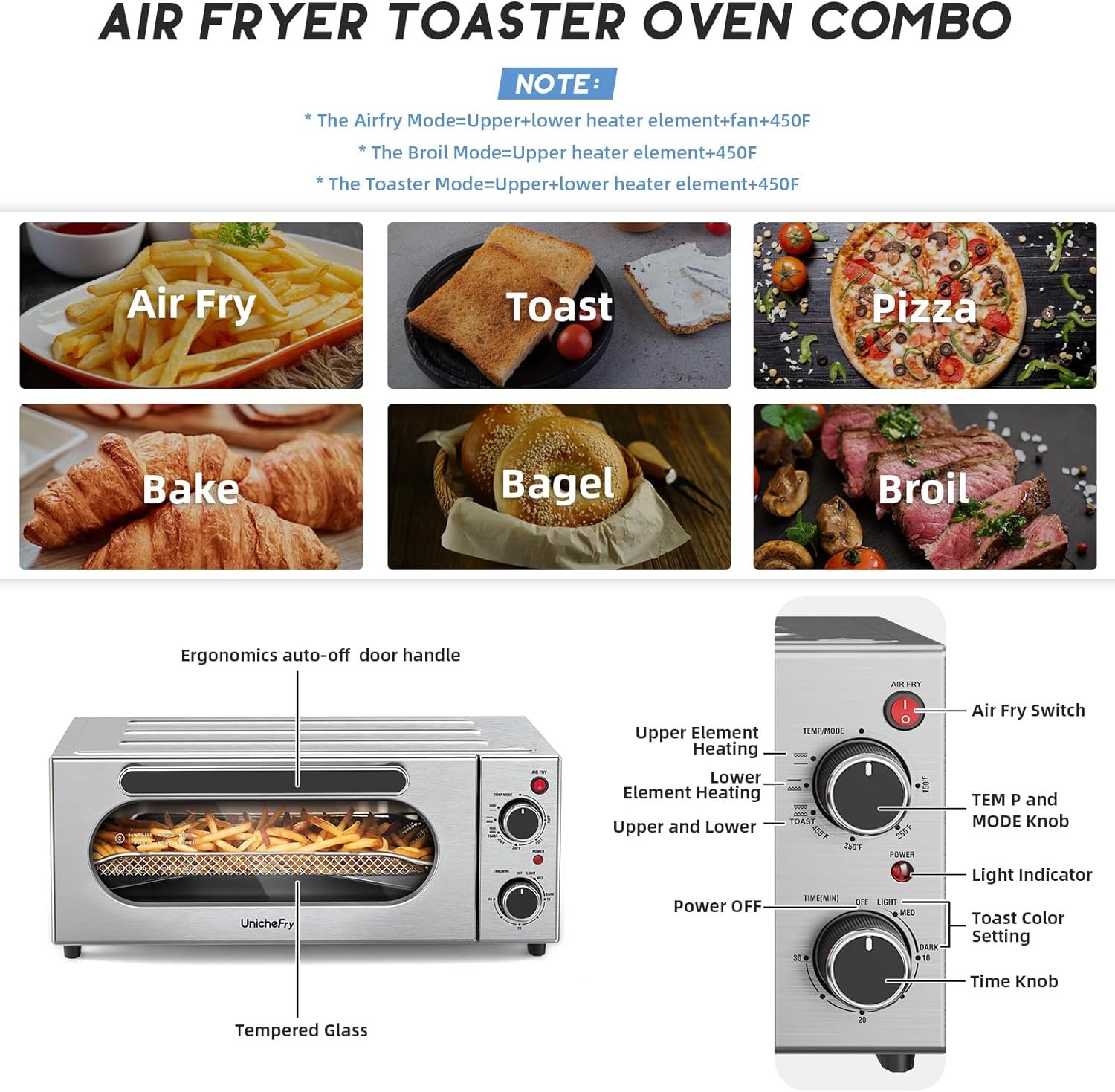Unichefry Toaster Oven Air Fryer Combo with 4 Accessories, 1800W 15L Countertop Convection Toster Oven Fits 9 Slices or 12 Pizza, Stainless Steel with 4 Functions Including Convection, Bake Broil Unichefry Toaster Oven Air Fryer Combo with 4 Accessories, 1800W 15L Countertop Convection Toster Oven Fits 9 Slices or 12 Pizza, Stainless Steel with 4 Functions Including Convection, Bake Broil