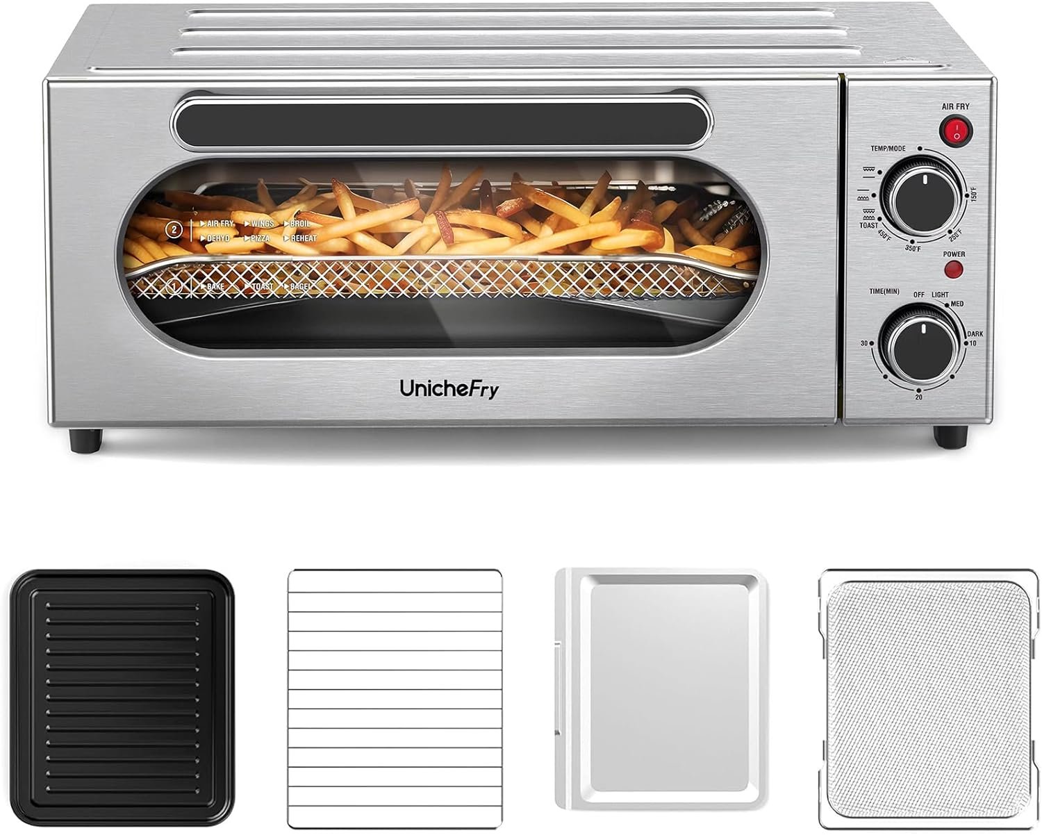 Unichefry Toaster Oven Air Fryer Combo with 4 Accessories, 1800W 15L Countertop Convection Toster Oven Fits 9 Slices or 12 Pizza, Stainless Steel with 4 Functions Including Convection, Bake Broil Unichefry Toaster Oven Air Fryer Combo with 4 Accessories, 1800W 15L Countertop Convection Toster Oven Fits 9 Slices or 12 Pizza, Stainless Steel with 4 Functions Including Convection, Bake Broil