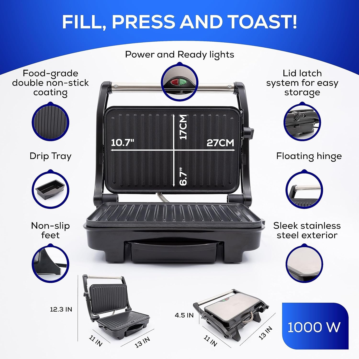 Universal Panini Press Grill 1000W, Non-stick 10.7 x 6.7” Grids, Panini Press Sandwich Maker 2 Servings, Perfect For Grilled Cheese, Panini, Burgers, Sausages, And Vegetables Universal Panini Press Grill 1000W, Non-stick 10.7 x 6.7” Grids, Panini Press Sandwich Maker 2 Servings, Perfect For Grilled Cheese, Panini, Burgers, Sausages, And Vegetables