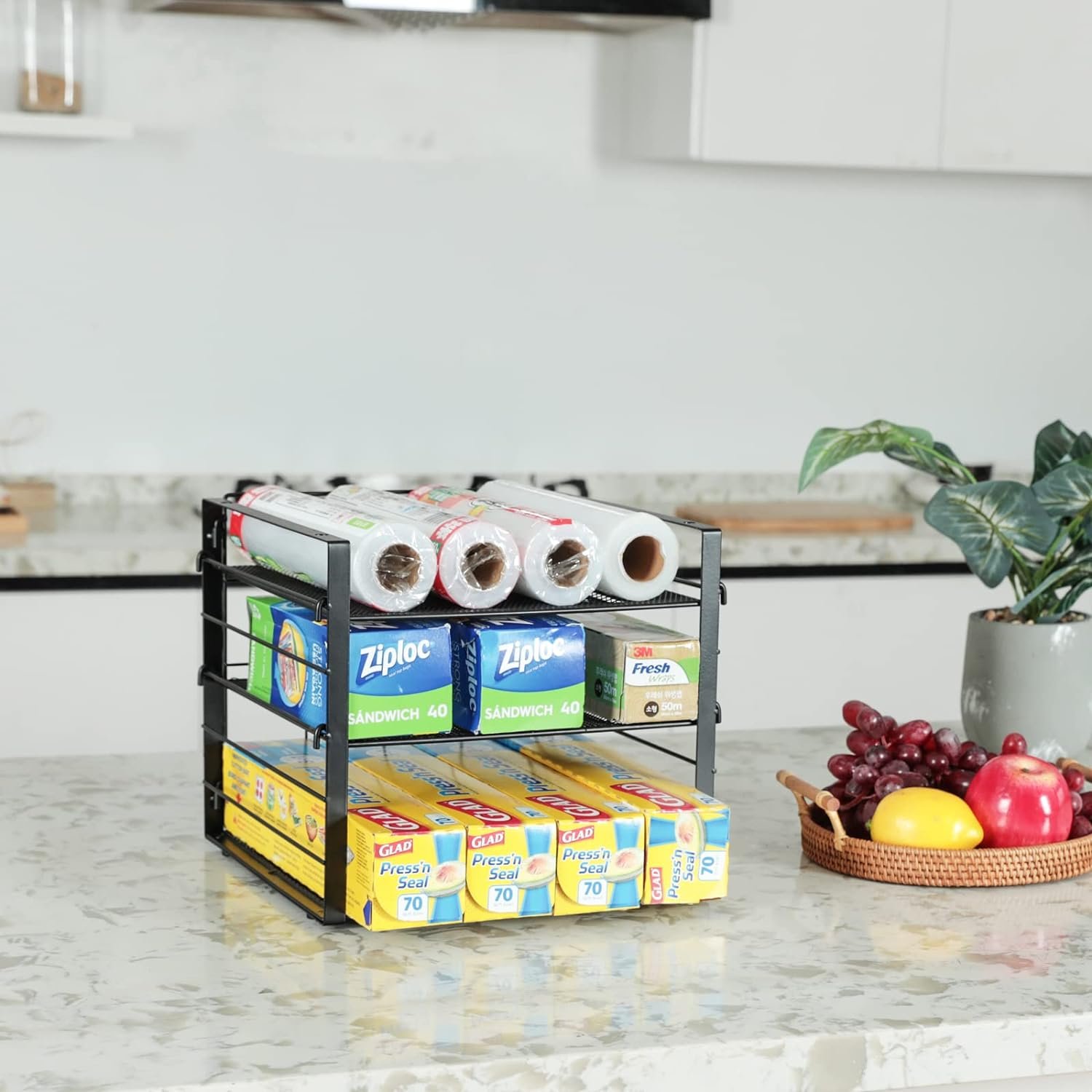 Upgraded Stackable Wrap Box Organizer Rack, 3-Tier Adjustable Foil Organizer Holder for Kitchen Countertop Pantry organization and storage-Under Sink Organizers and Storage Suitable,Black(2 Pack) Upgraded Stackable Wrap Box Organizer Rack, 3-Tier Adjustable Foil Organizer Holder for Kitchen Countertop Pantry organization and storage-Under Sink Organizers and Storage Suitable,Black(2 Pack)