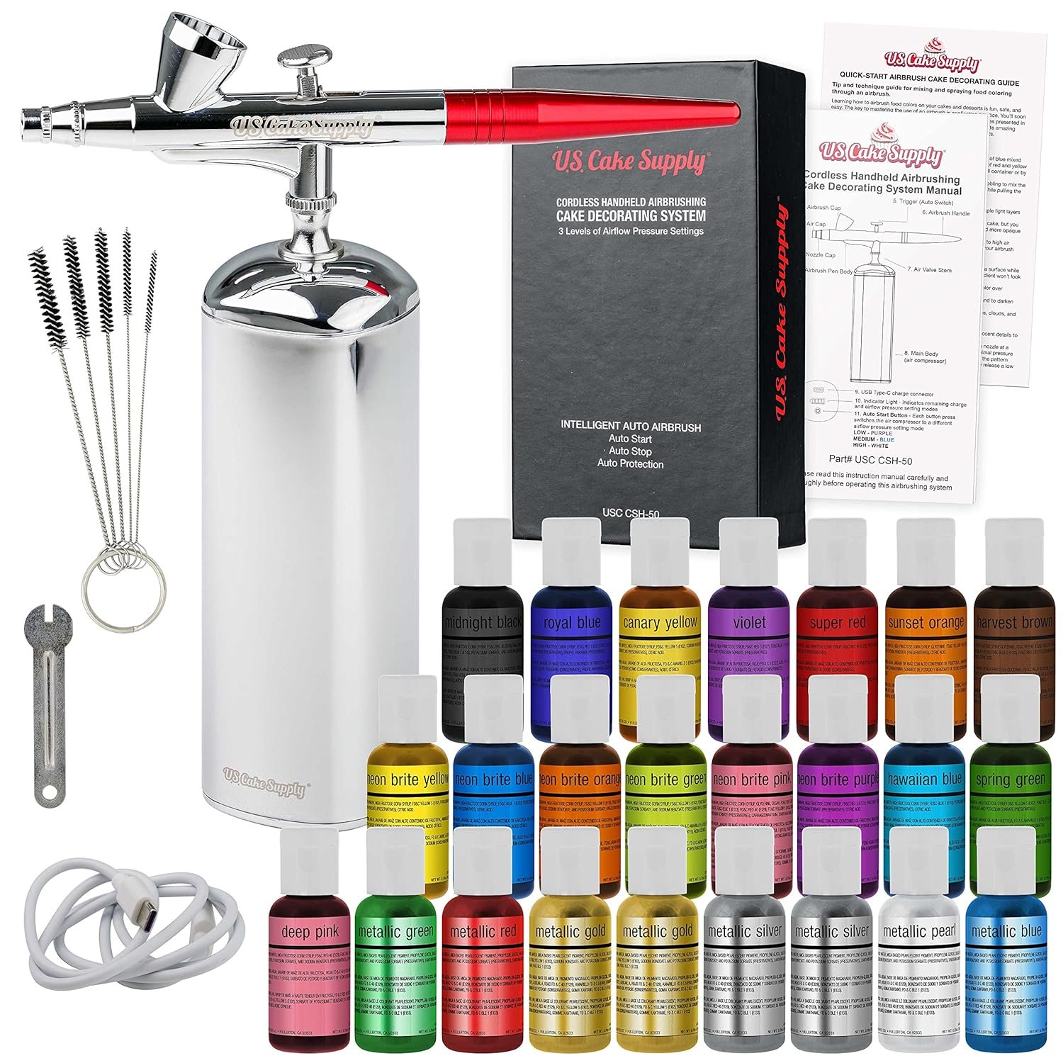 U.S. Cake Supply - Complete Cordless Handheld Airbrush Cake Decorating System, Professional Kit with a Full Selection of 24 Vivid Airbrush Food Colors - Decorate Cakes, Cupcakes, Cookies  Desserts