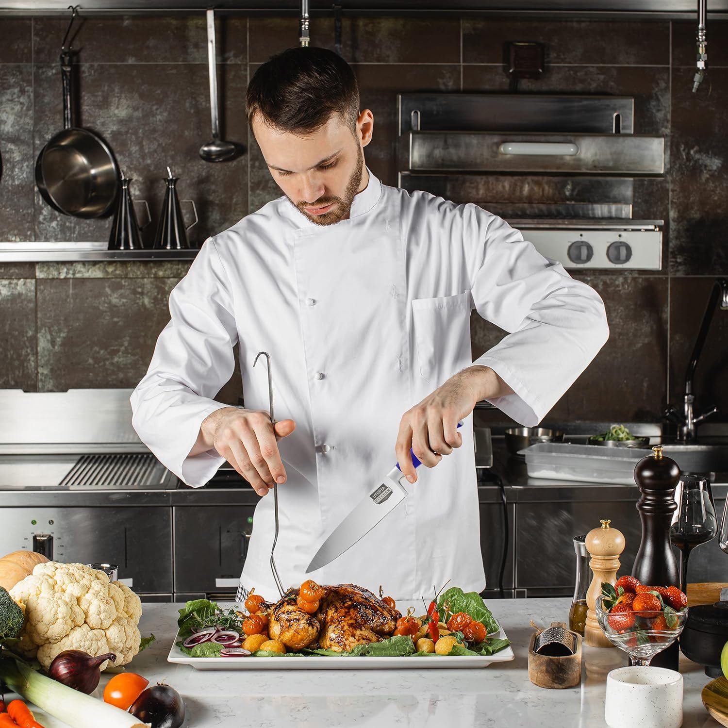Utopia Kitchen 7 inch Chef Kitchen Knife Cooking Knife Carbon Stainless Steel Kitchen Knife with Sheath and Ergonomic Handle - Chopping Knife for Professional Use (Blue)