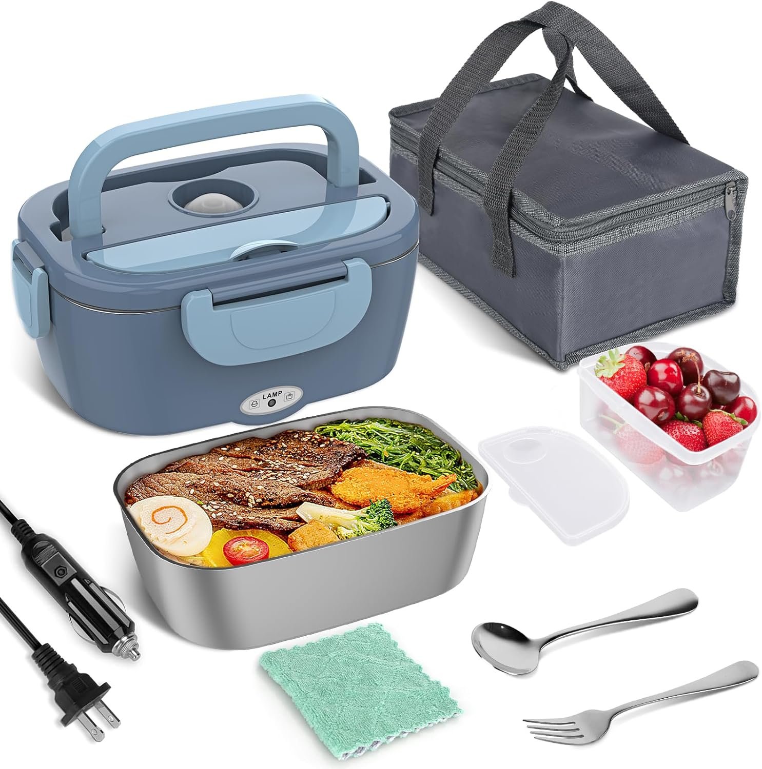 Vabaso Electric Lunch Box Food Heater, Electric Heating Lunch Boxes Lunch for Adults/Men/Truck/Car/Work, 60-80W 1.5L Removable 304 Stainless Steel Container, 110V/12V/24V, with Fork  Spoon