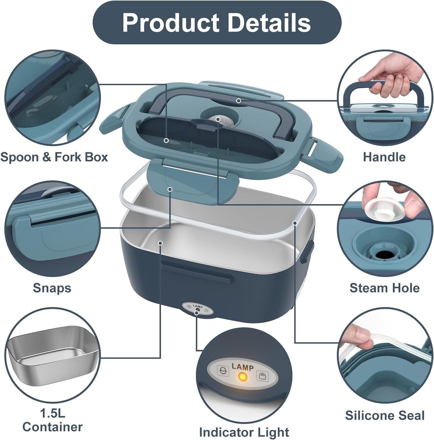 Vabaso Electric Lunch Box Food Heater, Electric Heating Lunch Boxes Lunch for Adults/Men/Truck/Car/Work, 60-80W 1.5L Removable 304 Stainless Steel Container, 110V/12V/24V, with Fork  Spoon