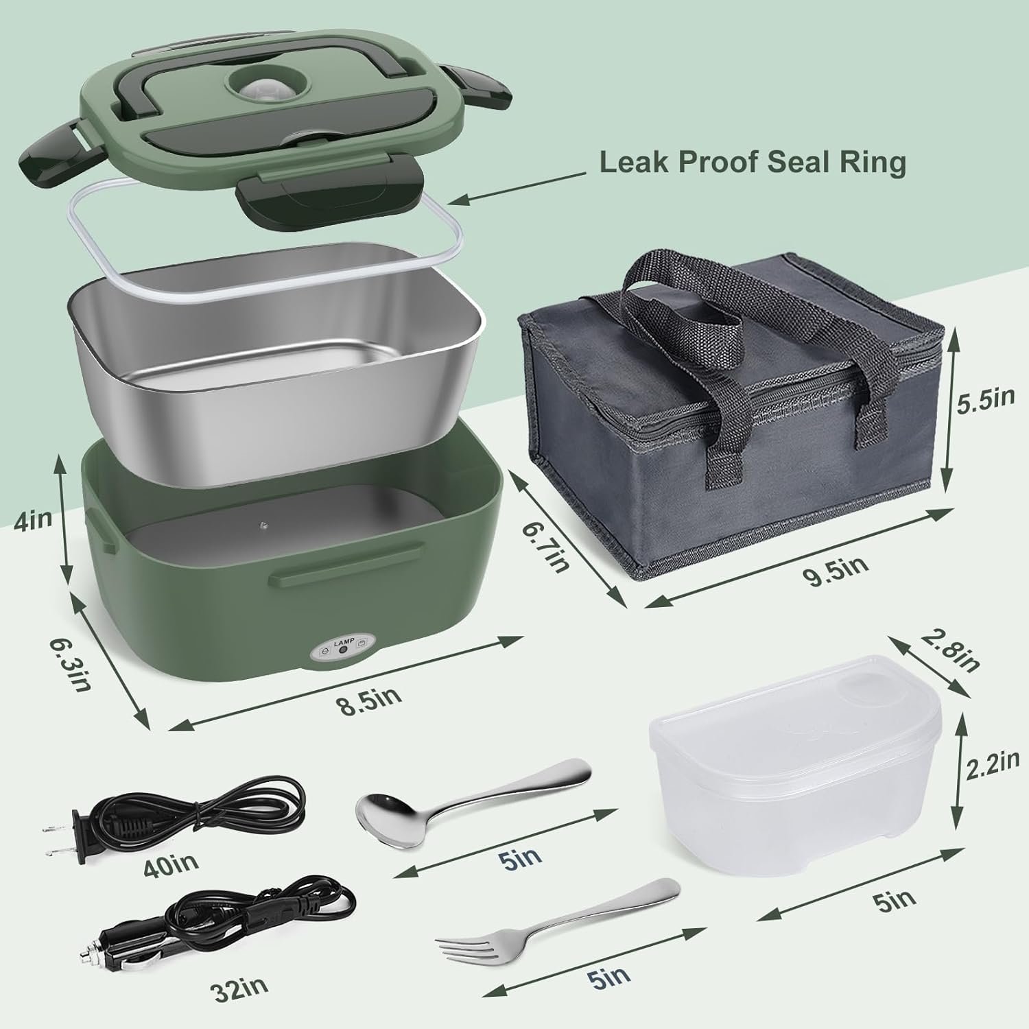 Vabaso Electric Lunch Box Food Heater, Electric Heating Lunch Boxes Lunch for Adults/Men/Truck/Car/Work, 60-80W 1.5L Removable 304 Stainless Steel Container, 110V/12V/24V, with Fork  Spoon
