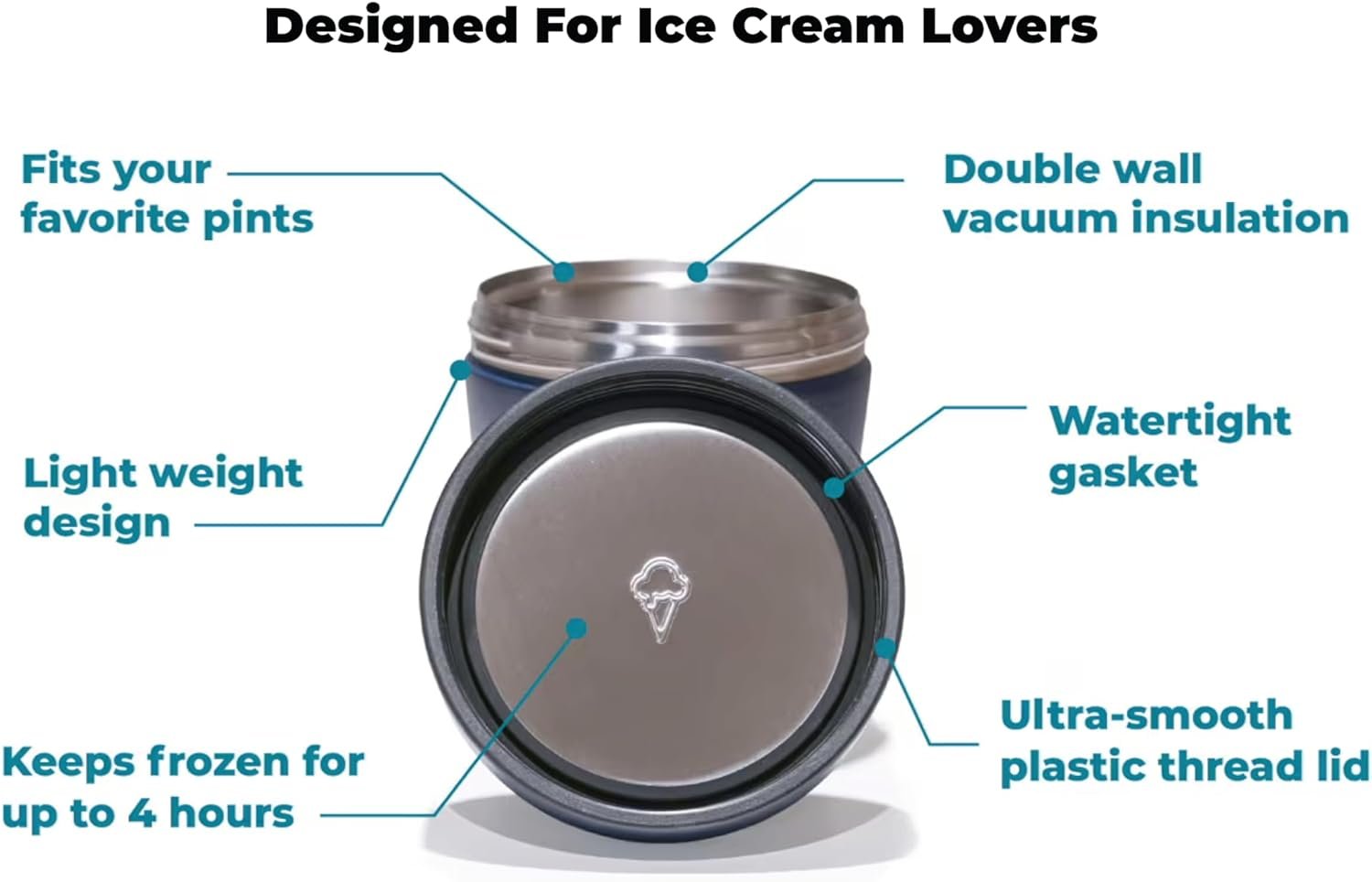 Vacuum Insulated Ice Cream Pint Cooler Keeps Frozen for hours enjoy ice cream anywhere (Stainless Steel)