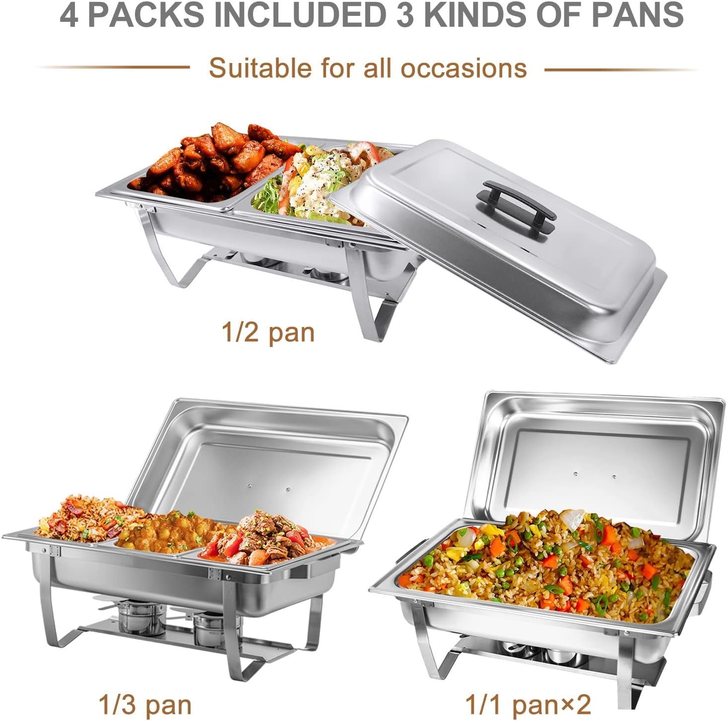 Valgus 4-Pack 8QT Stainless Steel Chafing Dish Buffet Set with 2 Full Size, 2 Half Size, 3 1/3 Size Pans Food Warmers for Parties, Buffets, Wedding, Banquet, Catering Events Valgus 4-Pack 8QT Stainless Steel Chafing Dish Buffet Set with 2 Full Size, 2 Half Size, 3 1/3 Size Pans Food Warmers for Parties, Buffets, Wedding, Banquet, Catering Events